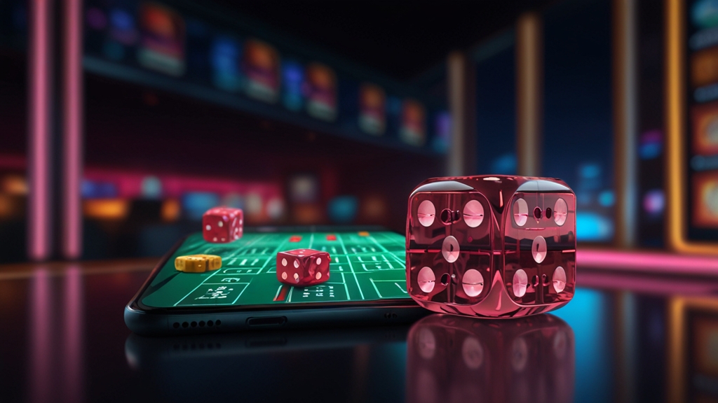 Smartphone mit Würfel-Casino-Oberfläche in dunkler Neonatmosphäre