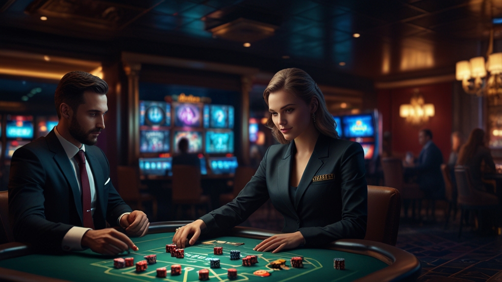 Casino-Szene mit Bonusbedingungen, Checkliste und Würfel-Design