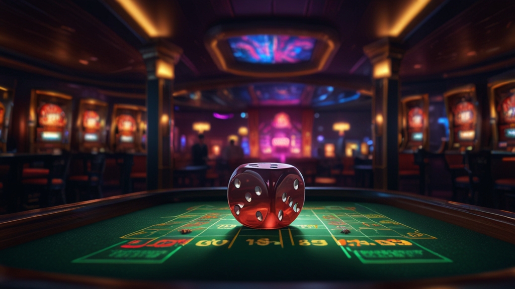 Dunkle Casino-Szene mit Bonuscode-Anzeige und Würfelmotiven